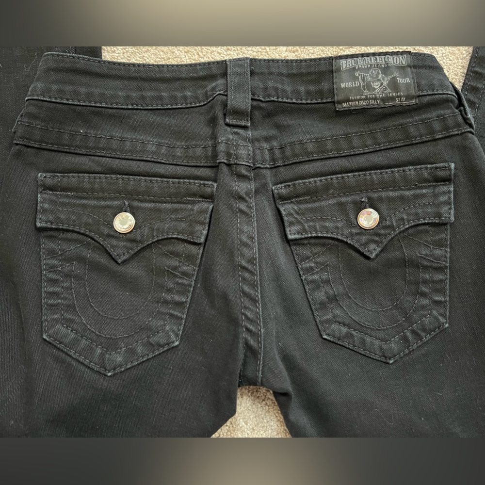 True Religion Black Straight Flare Jeans Size 26. Diamond looking buttons/detail